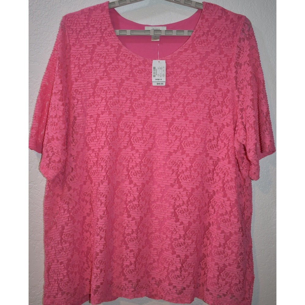CJ Banks 3X Lace Top Pink Short Sleeve Scoop Neck Comfy STRETCH Lined NEW w/tags